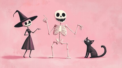 Skeleton dancing with a witch and a black cat on a pink background, a funny illustration for halloween greeting cards or party invitations