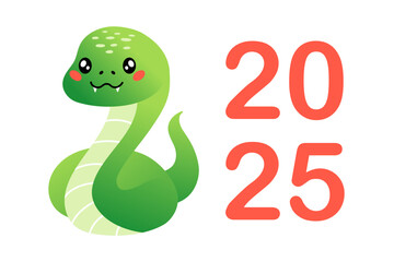 Happy Chinese New Year 2025. Year of the snake. Cartoon cute green snake in flat style isolated on white. Vector illustration for greeting card, sticker, background.