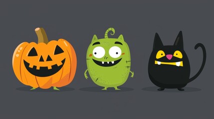 Carved pumpkin and two cute monsters are smiling on a dark gray background in this cartoon illustration for halloween