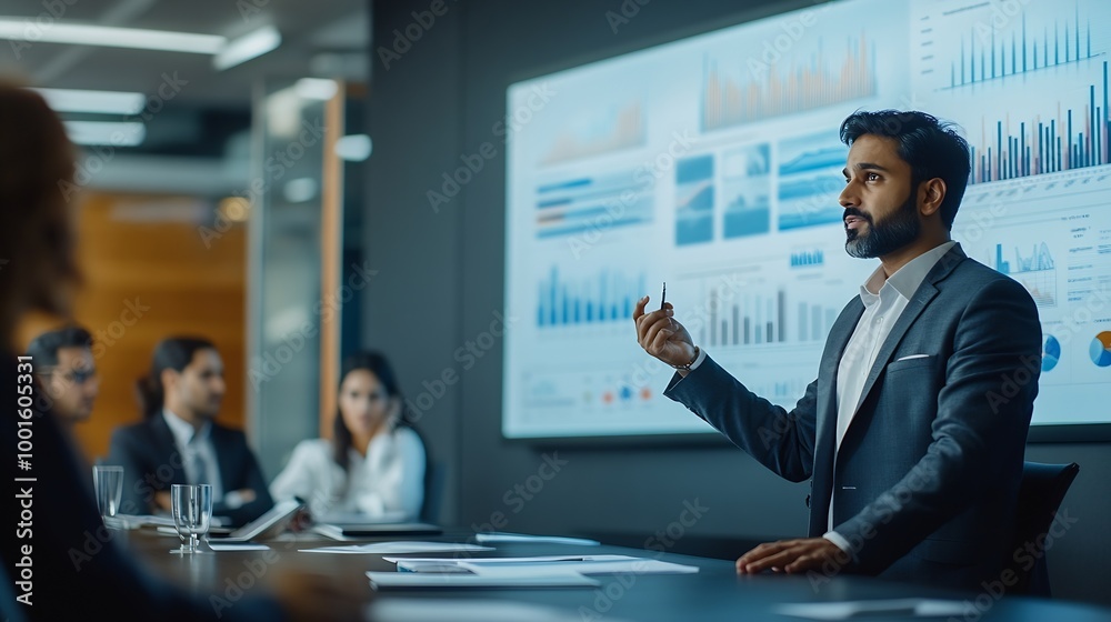 Poster modern south asian business office meeting confident indian manager uses interactive display makes r