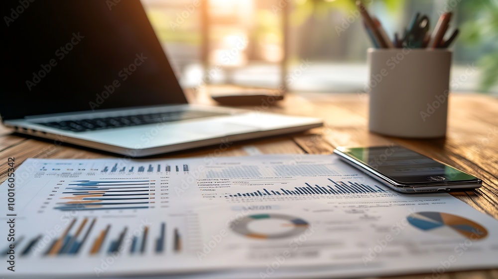 Aufkleber business documents  with smart phone and laptop computer and graph financial with social network diagram : Generative AI