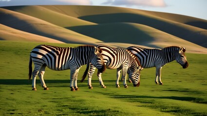 Naklejka premium This captivating image portrays a group of zebras grazing peacefully on the open plains, framed beautifully by the backdrop of rolling hills. 