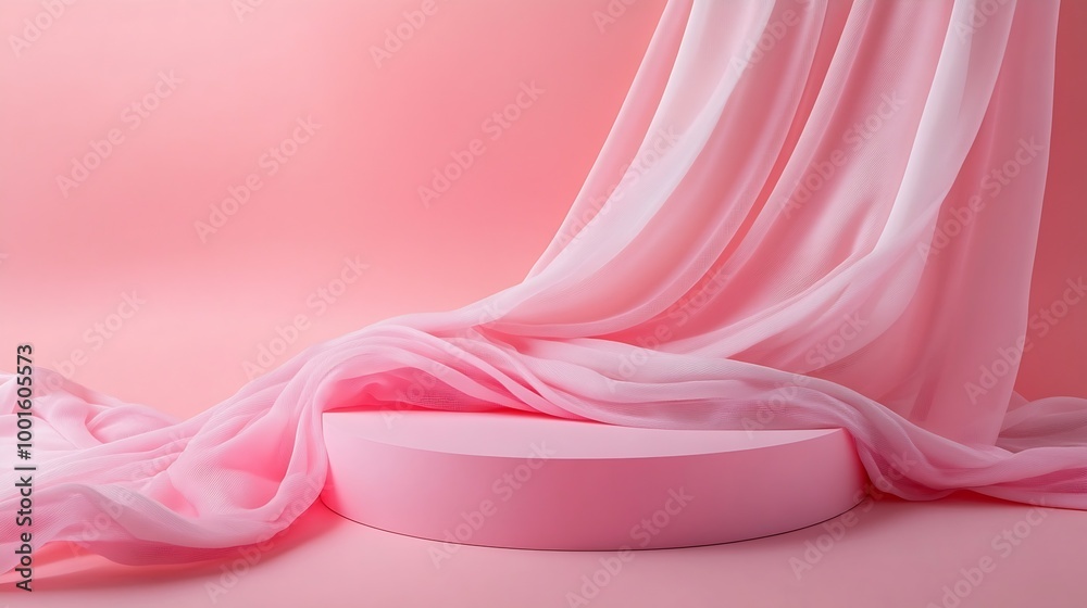 Aufkleber geometric empty podium with textile fabric drape on pink background display for product cosmetic and