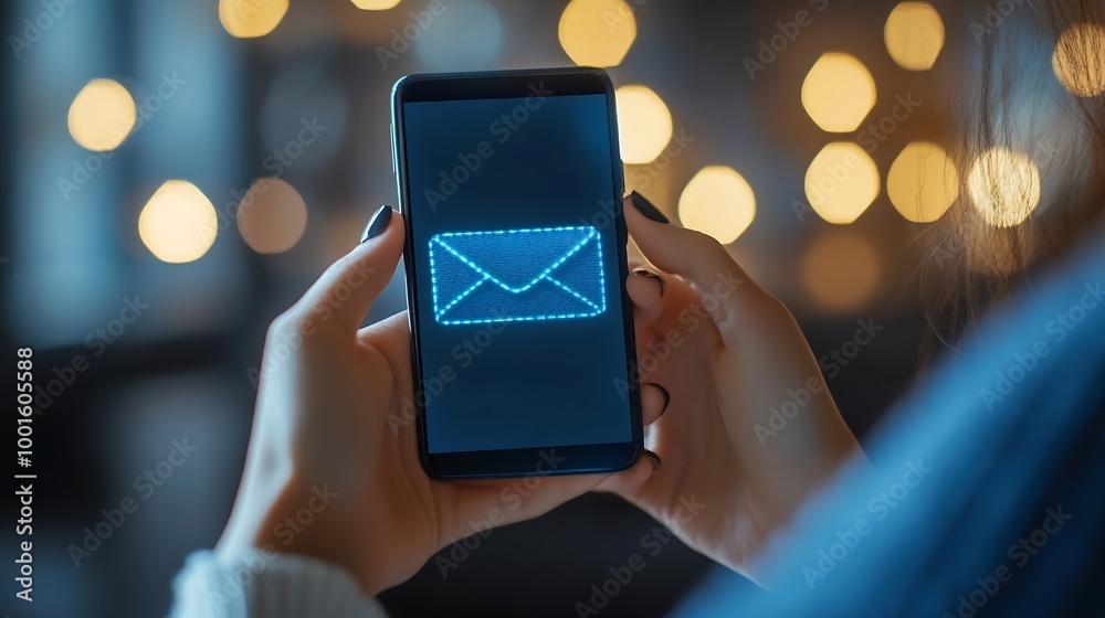 Leinwandbilder Email app on smartphone screen with business person reading messages from inbox with wireless internet access on mobile phone communication technology : Generative AI
