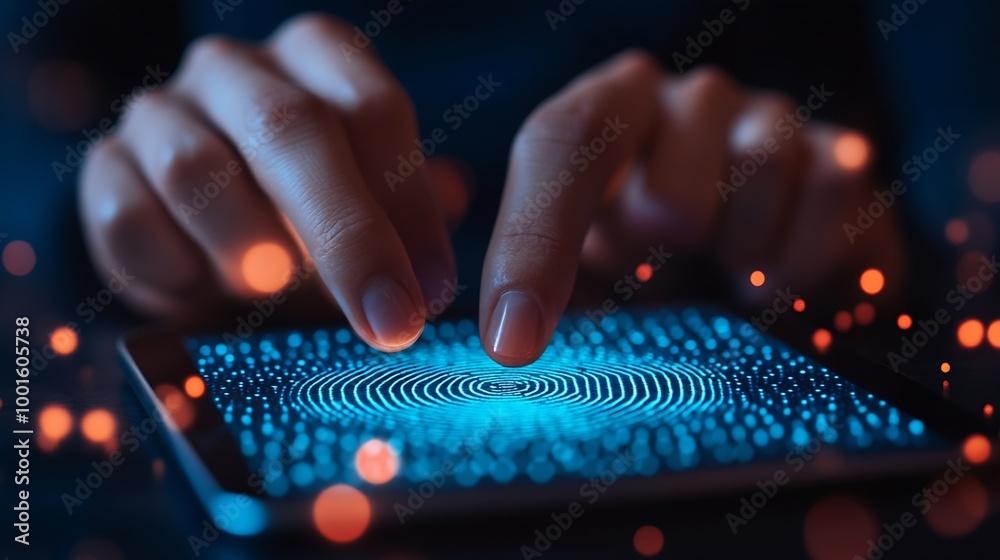 Poster Businessman using tablet and fingerprint scanning unlock and access to business data network Biometric identification and cyber security protect business transaction from online digita : Generative AI