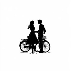 Fototapeta premium Bicycle And Couple Silhouette, Illustration Isolated On White Background