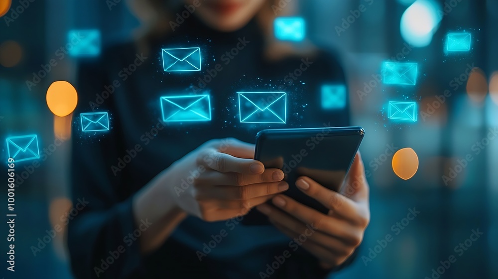 Poster business person reading emails on smartphone and laptop computer screen online communication and mar