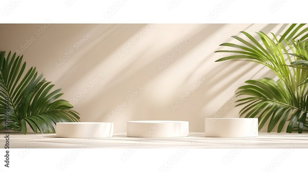 Poster Three varying height white podiums complemented by a palm leaf on a neutral background ideal for product display : Generative AI