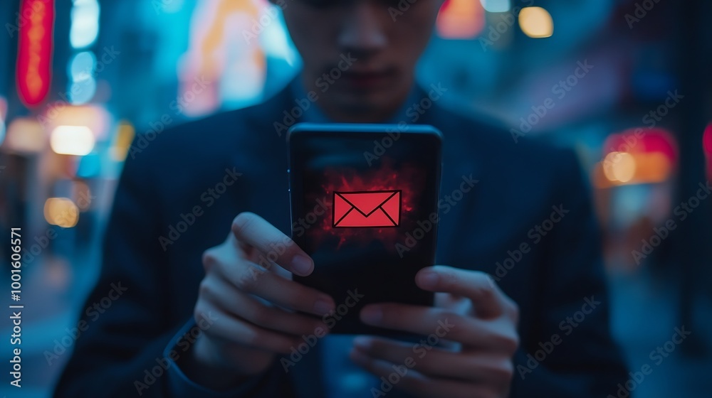 Aufkleber Business man using smartphone and computer that show warning sign after got attack phishing email by malware from hacker that commit cyber crime or software crash to cause an error : Generative AI