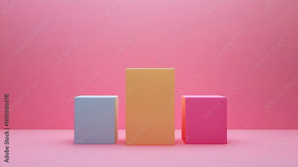 Aufkleber awarding podium made of three 3d pastel square shapes of different sized against blank pink backgrou