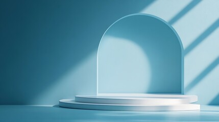 Fototapeta premium Abstract empty white podium on blue background Mock up stand for product presentation 3D Render Minimal concept Advertising template : Generative AI