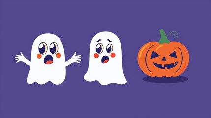 Obraz premium Two cute ghosts surprised by a spooky pumpkin on a purple background. Ideal for halloween projects, adding festive fun to designs like cards, invitations, banners, and social media posts