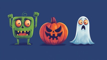 Spooky halloween party with a green monster, a carved pumpkin, and a funny ghost posing on a blue background, adding whimsical charm to the celebration
