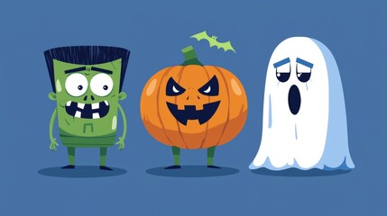 Obraz premium Spooky zombie, grinning jack-o'-lantern, and friendly ghost pose on blue background for halloween. Cute characters capture holiday spirit