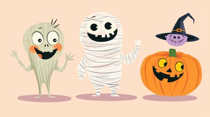 Obraz premium Cheerful halloween characters waving and smiling in a festive illustration, perfect for cards or invitations. Cute and playful design with colorful elements on pink, white, and orange background
