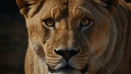 Obraz premium Intense gaze of a lioness depicted in ultra-realistic detail.