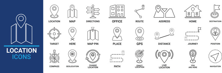 Line art Location icon set. Containing map, map pin, gps, destination, directions, distance, place, navigation and address icons. Solid icons vector collection.