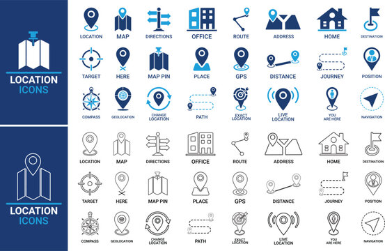 Line art Location icon set. Containing map, map pin, gps, destination, directions, distance, place, navigation and address icons. Solid icons vector collection.