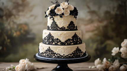 Gothic-themed wedding cake with black and white decorations, perfect for formal celebrations and special occasions.