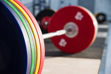 Weightlifting barbell loaded with heavyweights