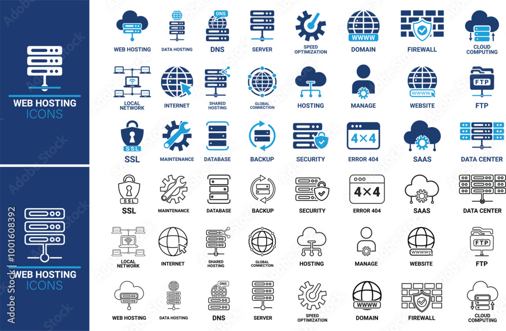 Fototapete Line art Web hosting icon set. Containing cloud computing, server, domain, firewall, internet, FTP, database, SSL, data hosting and more. Solid vector icons collection.