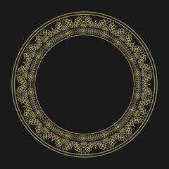 Round frame with vintage gold ornament on black background. Vector illustration