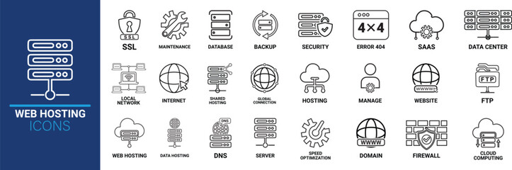 Fototapeta premium Line art Web hosting icon set. Containing cloud computing, server, domain, firewall, internet, FTP, database, SSL, data hosting and more. Solid vector icons collection.