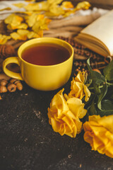 Cozy autumn scene with tea, pastry, yellow roses, and warm knitted sweaters