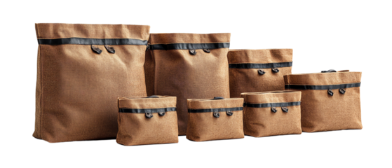Collection of stylish brown storage bags with black zippers, perfect for organization and home decor.