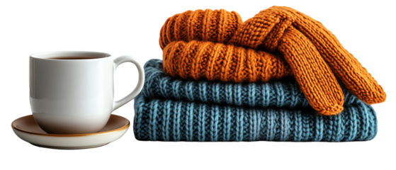 Cozy winter setup featuring warm sweaters and a cup of coffee, perfect for a comfortable home atmosphere.