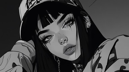 Fototapeta premium Black and white illustration of a cool girl with a cap and dark makeup