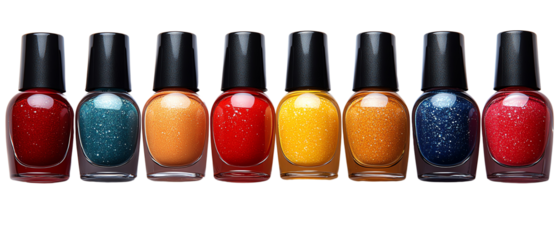 A vibrant collection of nail polish bottles showcasing a spectrum of colors for beauty and cosmetic enthusiasts.