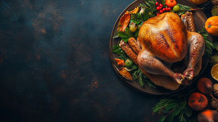 Typical dinner with turkey presented on table. Mockup, backdrop for Thanksgiving. Tasty turkey thanksgiving dinner.