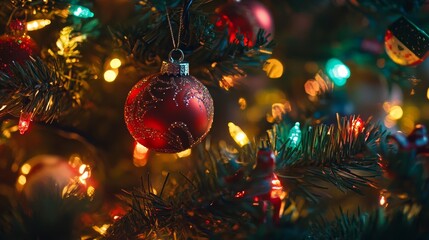 Christmas lights and toys on Christmas tree background composition