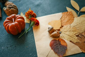 Envelope with autumn leaves, autumn mood