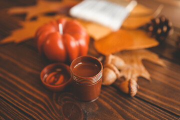 Top view of a paintbrush placed on dried autumn leaves with acorns, pine cones, and a pumpkin on a rustic wooden background