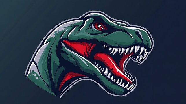 Green and red T Rex dinosaur head mascot logo illustration for team, game, or brand design