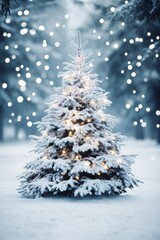 Fototapeta premium A beautifully lit, snow-covered Christmas tree in a serene winter landscape with falling snowflakes