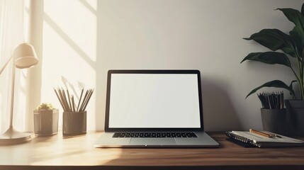 Fototapeta premium Laptop on a Desk with Workspace Essentials