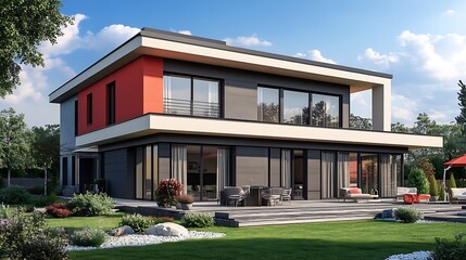 Fototapeta premium Modern two story house with red, white, and grey exterior, featuring a large balcony and patio