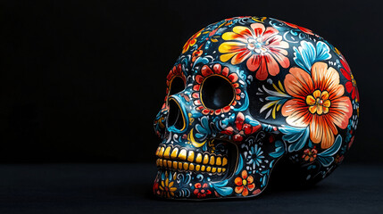 Colorful decorative skull for Dia de los Muertos celebration, with intricate floral patterns and vibrant designs, set against a dark background. Celebratory and reflective mood,...