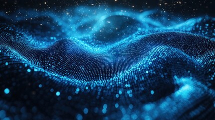 A swirling matrix of glowing blue binary code in a virtual environment, with pulsating light adding dynamic energy to the scene.