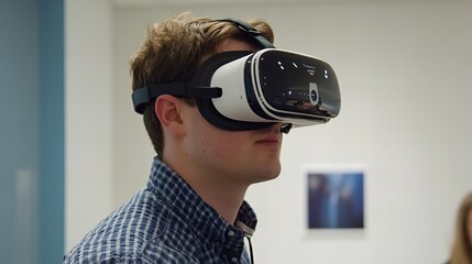 young man wearing VR goggles, concept of virtual reality and futuristic gaming experience