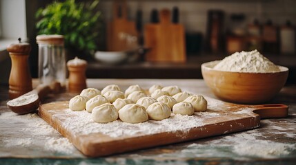 Fototapeta premium fresh dumplings on wooden board with flour
