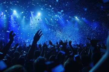 A crowd of people are celebrating with confetti falling from the ceiling, generative ai image