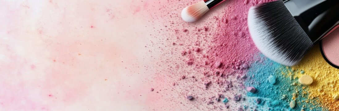 Colorful makeup brushes and powder pigments scattered on a white surface for a beauty tutorial
