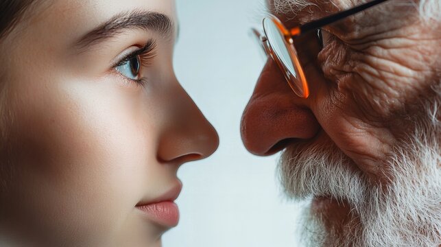 young and old person looking at each other, concept of getting old and generation gap