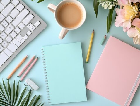 A pastel workspace with tea, flowers, and stationery arranged for a creative atmosphere