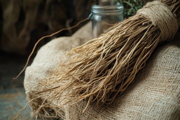 Artisanal Dried Vetiver Roots in Rustic Ingredient Photography with Organic Natural Light for Herbal and Wellness Concepts
