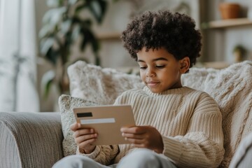Young boy sits on a sofa, engrossed in his tablet while holding a credit card, engaging in online shopping. Modern childhood, digital interaction, and tech-savvy youth in a cozy home